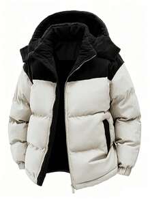 1pc Men's Winter Hooded Padded Coat, Standard Fit Corduroy Patchwork Casual Warm Coat - Beige - View 3