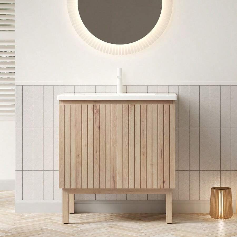 NIKO 80cm freestanding bathroom washing table with integrated basement wash basin made of white ceramic, striped wardrobe with adjustable shelf inside and double doors, white oak wood mastering Frabe - 80,5 cm + Keramikspüle 1 - Übersicht 1