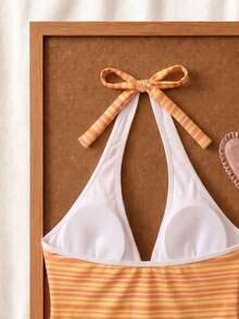 New Summer Fresh Sweet Cute Style Orange & Yellow Striped Halter Neck Bikini Set With Hipster Bottoms For Beach Vacation And Leisure - Multicolor - View 6