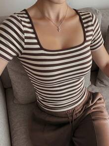 休閒簡約優雅日常居家通勤方領短袖上衣，春季女裝，夏季上衣，優雅女式襯衫 棕色 - 棕色 - 查看 6