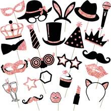 23 piezas Divertidos accesorios para photocall, suministros para fiesta de cumpleaños y boda, decoraciones para fiesta de disfraces, discoteca y carnaval, mezclados con sombreros, labiales, corbatas, coronas (oro rosa) - oro rosa - Ver 1