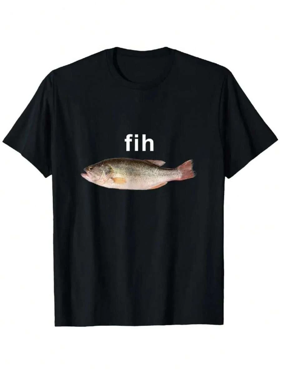 Love You Gift,"Fih" Funny Misspelled Fish Meme Print – Humorous And Lightweight Tee For Men Women Classic Shortsleeve Crewneck Casual Tshirt Black Top Hem - Black - View 1