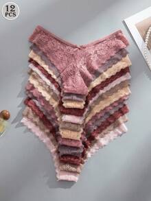 Set Of 12 Pieces Elegant And Comfortable Lace Panties For Women - 軍綠色 - 查看 12