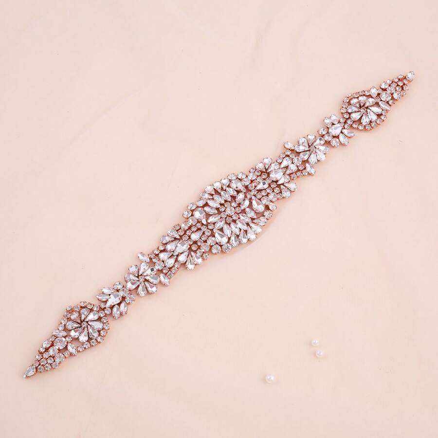 1pc Handmade Rhinestone Bridal Belt, Women's Rhinestone Wedding Dress Accessory - Rose Gold Applique - View 1