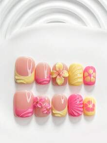 10片裝極簡風手工穿戴甲 Polygel 美甲套組，手工水波紋 3D 手雕花，粉色與黃色指甲油，甜美風，附美甲工具，3種尺寸可選，方型、短方型、杏仁型，適合派對、舞蹈、日常配戴 - 彩色 - 查看 12