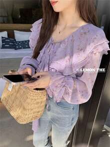 A Light Apricot-Colored Ruffled Off-Shoulder Blouse, A New Summer Style, An Irregularly Shaped Short Off-Shoulder Top. - Purple - View 7