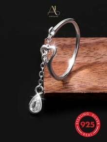 1pc Niche High-End 925 Sterling Silver Synthetic Zirconia Geometric Teardrop Tassel Open Ring, Suitable For Vacation, Party, Wedding - Silver - View 6