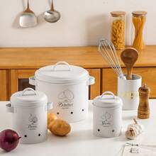 3-Piece Kitchen Storage Canister Set, White Metal Potato Onion Garlic Storage Bins With Lids, Ventilated Food Storage Containers, Farmhouse Style Kitchen Root Vegetable Storage Rack, Fresh-Keeping - White - View 5