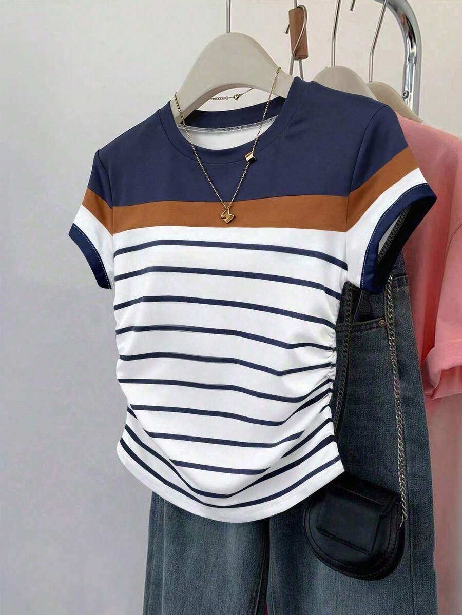 Camiseta de mujer para exteriores, nueva llegada de verano, diseño estampado, rayas multicolor, blanco, azul marino, ropa para exteriores, camiseta ajustada con cintura fruncida - Multicolor 11 - Ver 1