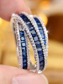 1 pieza Anillo de mujer con diseño de arte de línea geométrica creativa y strass azul, adecuado para todas las celebraciones especiales durante todo el año, realza tu encanto - Azul - Ver 2