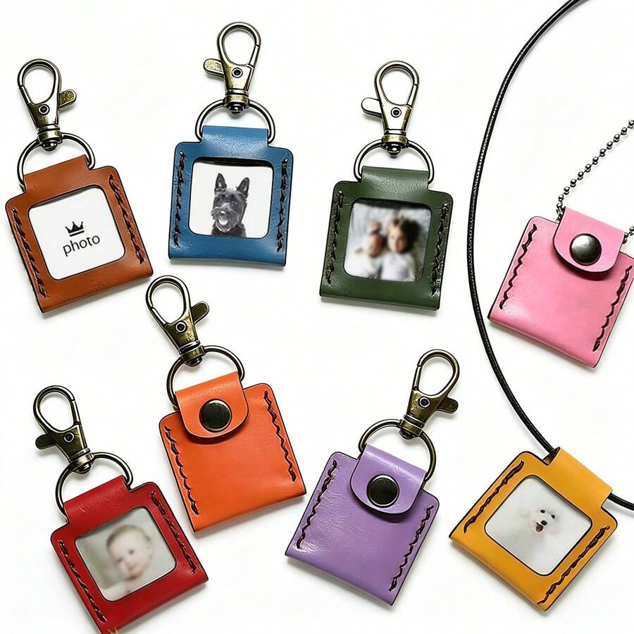 PU Leather Mini Photo Frame Keychain, Handmade Stitched Small Photo Storage Key Ring, Portable Pocket Photo Holder Pendant, Suitable For Pets, Baby, Family Photos - Leather Photo Keychain - View 1