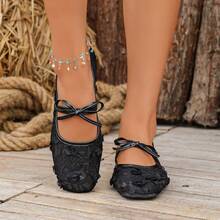 Women's White Floral Lace Square Toe Bow Tie Strap Flat Shoes, Slip-On Cute Elegant Fashion Spring/Autumn Design - Black - View 3