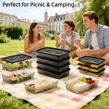 12pcs Morandi Color Food Storage Containers, Includes 6 Rectangular Boxes And 6 Black Lids, 400ml PP Heat-Resistant Meal Prep Bento Boxes, Stackable Nordic Style Kitchen Organizer Boxes, Portable Office Picnic Travel Snack Boxes - Black - View 9