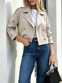Women's Short Trench Jacket With Lapel Collar And Button Detail, Versatile Regular Fit For Everyday Style - Apricot - View 8