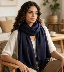 Plain Polyester Pashmina Scarf Weighing 150g-180g With Fringe, Unisex. - 藏蓝色 - 查看 5