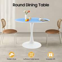 RainWeel Modern Round Dining Table, Kitchen Dining Table, Pedestal Table With Round Top, Tulip Dining Room Table For 1-4 People, Modern Coffee Table, 31.5*28.7inch  Mid-Century Leisure Table For Living Room, Kitchen, Dining Room, Balcony, Patio, Bar, White - White - View 2