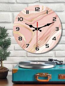 Elegant Silent Wooden Wall Clock - 10/12 Inch Round, Marble Water Ripple Design, Pink & Gold Accents, Battery Powered (AA Batteries Not Included), Home Decor Accessory | Elegant Wall Clock | Marble Effect Clock, Living Room Wall Clock - 1PC - View 1