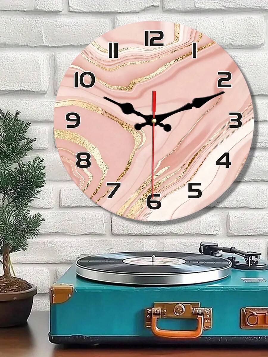 Elegant Silent Wooden Wall Clock - 10/12 Inch Round, Marble Water Ripple Design, Pink & Gold Accents, Battery Powered (AA Batteries Not Included), Home Decor Accessory | Elegant Wall Clock | Marble Effect Clock, Living Room Wall Clock - 1PC - View 1