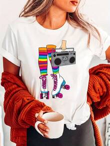 New Arrival,Short Sleeve Retro Rollerskates Print T-Shirt, Crew Neck Casual Top For Summer & Spring, Women's Clothing,Best Gift For You - White - View 1