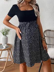 Vestido de maternidad de verano informal con parches y estampado floral diminuto de manga corta - Azul - Ver 5