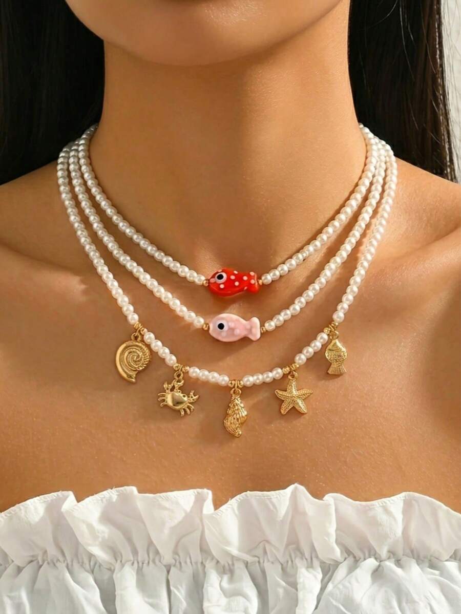 1 Set de Collar Bohemio de Estilo Resort Oceánico Multicapa con Cuentas de Perlas Falsas, a Juego con Criaturas Marinas, Adecuado para Usar en Vacaciones de Playa de Verano, Joyería Elegante y de Moda para Mujeres - Multicolor - Ver 1