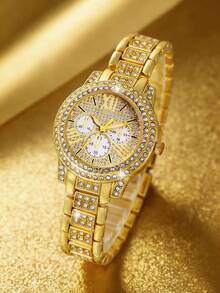 6件組 水鑽金色手鍊石英手錶套組，鏈條女款個性化奢華手錶禮品 - 金色 - 查看 3