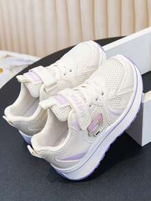 Girls' Spring/Autumn Mesh Breathable Sports Shoes, Lightweight Soft Sole Anti-Slip Hook & Loop White Sneakers, Student Casual Running Shoes - Purple - View 1