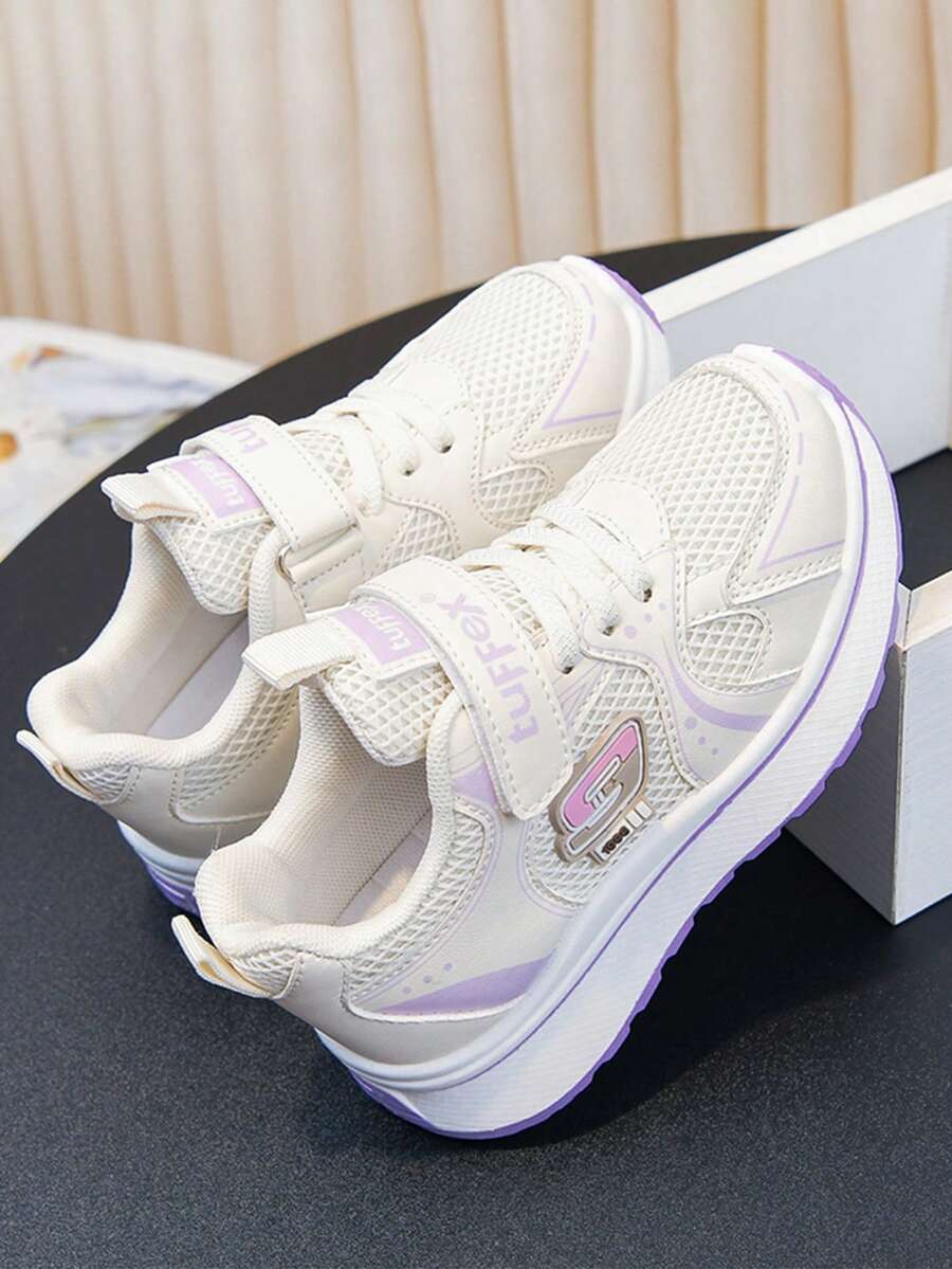 Girls' Spring/Autumn Mesh Breathable Sports Shoes, Lightweight Soft Sole Anti-Slip Hook & Loop White Sneakers, Student Casual Running Shoes - Purple - View 1