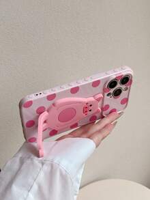 1pc Pink Side 3D Heart, Painted Polka Dot Pattern + Foldable Cute Pig Stand Phone Protective Case, Compatible With IPhone 17/17pro/17promax/16/16pro/16promax/15/15pro/15promax/15plus/14/14pro/14plus/14promax/13/13pro/13promax/12/12pro/12promax/11/11promax - Multicolor - View 3