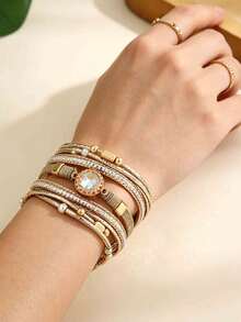 1pc Multi-Layer Leather Bracelet With Pink Crystal & Rhinestone, Magnetic Clasp, Bohemian Stackable Wrist Jewelry For Women - Khaki - View 2