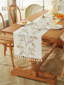 HXARTMIS 1pc Tassel Embroidered Floral Faux Linen Table Runner, Pastoral Green Leaf And Vine Pattern, Washable Long Tablecloth, Suitable For Dining Room, Coffee Table, Wedding, Party And Home Decor - White/Coffee - View 2