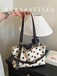 Large Capacity Color-Block Women's New Fashion Polka Dot Tote Bag, Stylish Personalized Casual Shoulder Bag And Handbag For Work And Commuting - Black - View 1