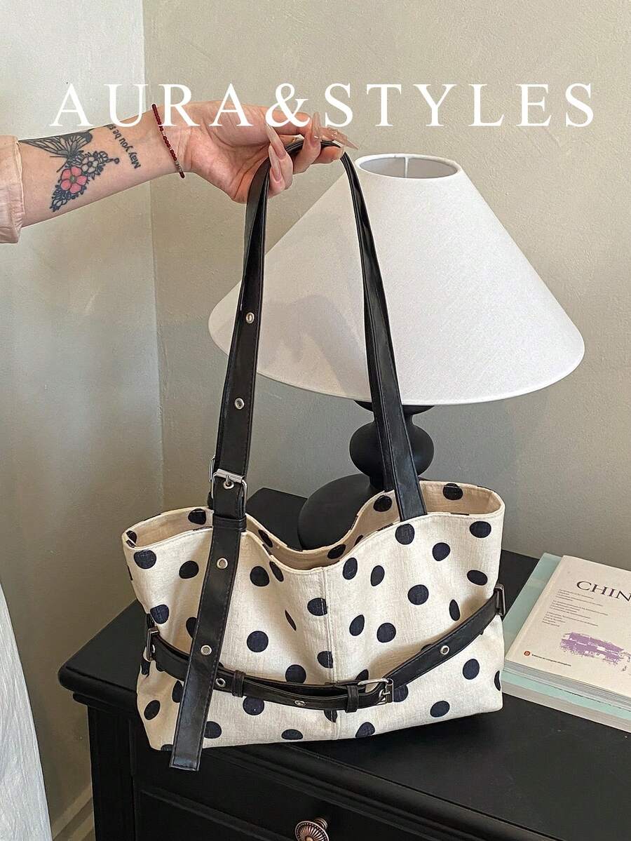 Large Capacity Color-Block Women's New Fashion Polka Dot Tote Bag, Stylish Personalized Casual Shoulder Bag And Handbag For Work And Commuting - Black - View 1