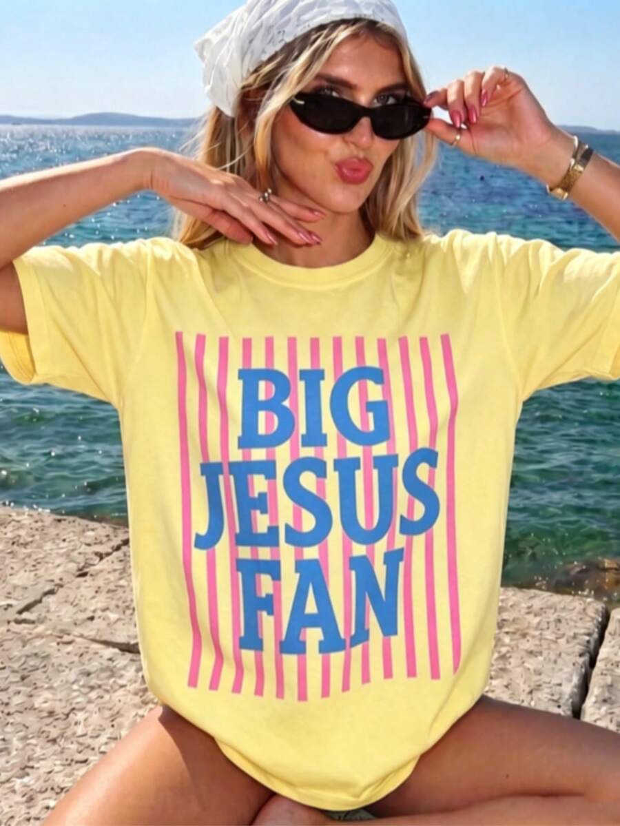Big Jesus Fan Graphic Top-Loose-Fit Easy Relaxed Style, - 黃色 - 查看 1