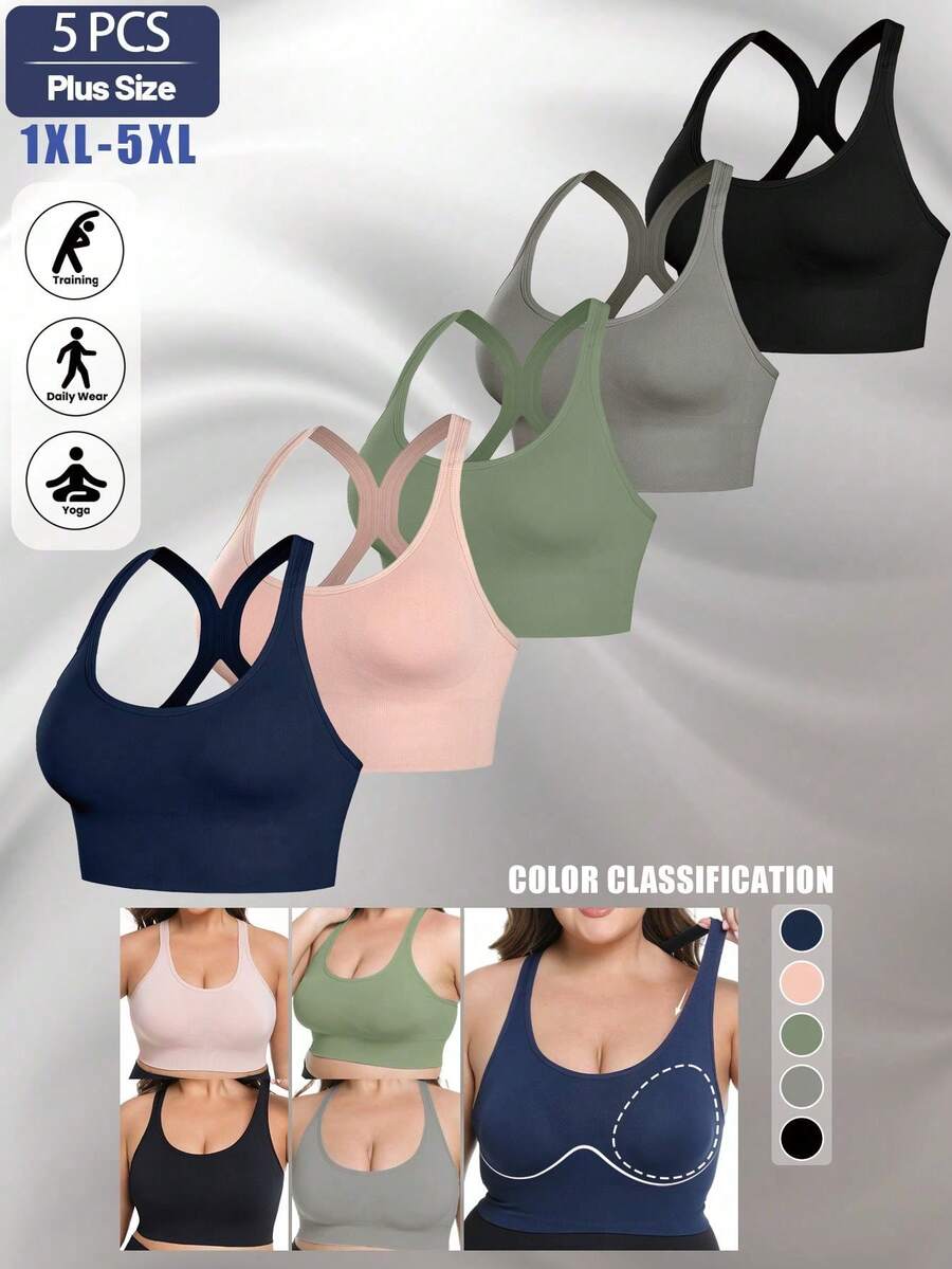 5-Pack Women's Plus Size Sports Vest, Women's Underwear, Strapless Bra, Running Bra, Crossover Vest, Can Be Worn Outerwear, Shock-Absorbent Sports Bra, Running Bra With Push-Up And Support, Beautiful Back, Supportive Wire-Free, Sexy Women's Underwear Sports Vest Bra With Pads, Seamless Push-Up Top Bra, Wire-Free Sports Vest Top Underwear, Yoga Basic Sports Bra, Curve Summer Bra - 彩色 - 查看 1