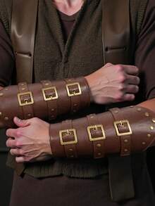 2pcs Medieval Renaissance Style Faux Leather Bracers, Vintage Viking Style Arm Guards With Adjustable Buckles, LARP Costume Props - A - View 2