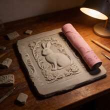 Rodillo de textura de relieve de arcilla con patrón de conejo del bosque PLA, herramienta de rodillo para manualidades de cerámica DIY para arcilla polimérica, cerámica y estampado – diseño de animal del bosque para creaciones inspiradas en la naturaleza perenne - Conejo del bosque rosa - Ver 2