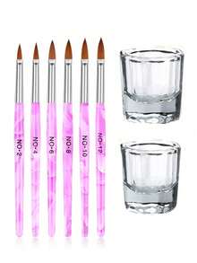 Acrylic Nail Brush And Dipping Powder Dish Set, 6pcs Nail Art Pens And 2pcs Crystal Dipping Powder Dishes, Nail Art Bowl Cup Glass Container, Acrylic Liquid Nail Tool Set - Multicolor - View 10