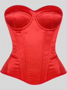 Bonmuse Satin Bandeau Corset With Built-In Cups, Back Lace-Up, Boning Shaping, Vintage Hot Girl Style, Suitable For Daily / Party / Date Wear - Red - View 5