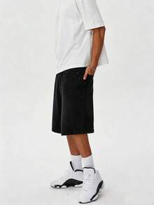 Vintage Distressed Grey Loose Straight Leg 5-Inch Denim Shorts For Men - Black - View 4