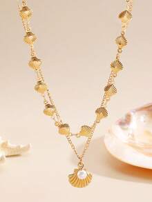 1 Set Elegant Personalized Bohemian Ocean Style Women's Necklace Set, Multi-Layer Stackable Adjustable Chain, Faux Pearl Shell Pendant Necklace, Suitable For Summer Travel Beach Vacation, Commemorative Gift For Friends, Family, Couples, Women, Jewelry Accessories - Gold 2 - View 6