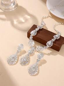 2pcs/Set Perhiasan Pengantin Gaya Istana Eropa Emas dengan Batu Permata Hijau, Anting Liontin Pernikahan & Kalung Kerajinan Berongga, Aksesoris Pengantin - MultiWarna - View 11