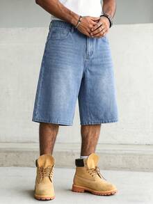 Men's Loose Fit Denim Shorts, Light Blue Washed Mid-Length Denim Shorts, Casual Street Style Loose Fit Denim Shorts - Light Wash - View 4