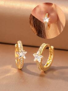 1 Pair Gentle Luxury Style Exquisite Sparkling Five-Point Star Main Diamond Full Inlaid Fine Zirconia Stone Rim Star Hoop Earrings, Delicate Earrings For Women Suitable For Commuting, Dating And Daily Wear - Star - View 1