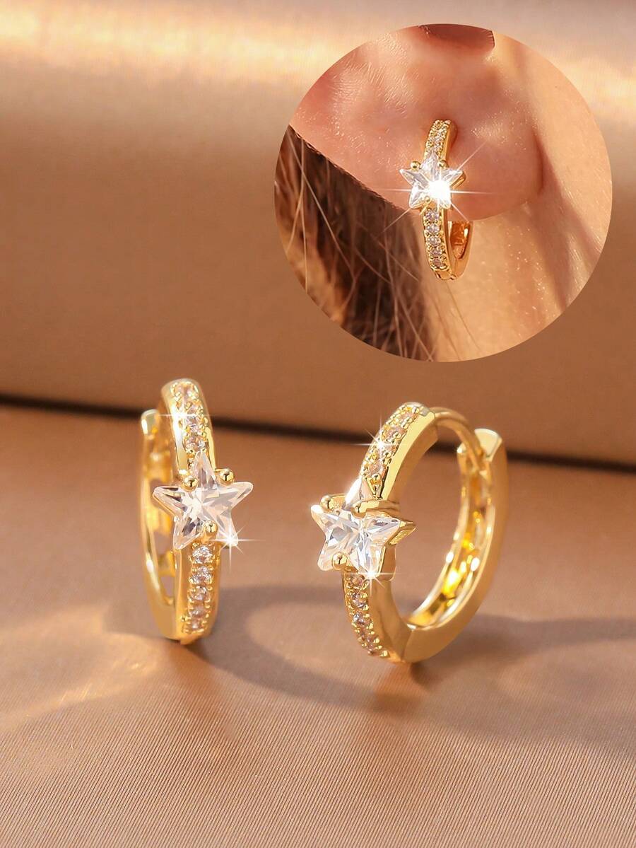 1 Pair Gentle Luxury Style Exquisite Sparkling Five-Point Star Main Diamond Full Inlaid Fine Zirconia Stone Rim Star Hoop Earrings, Delicate Earrings For Women Suitable For Commuting, Dating And Daily Wear - Star - View 1