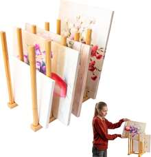 Bambus Leinwand Aufbewahrungsregal zum Trocknen und Ordnen von Kunstwerken, leichtes Holzgestell mit herausnehmbaren Staeben fuer Atelier, Galerie, Klassenzimmer und Zuhause, klare Ordnung fuer Bilder - Großes Aufbewahrungsgestell aus Segeltuch - Übersicht 8