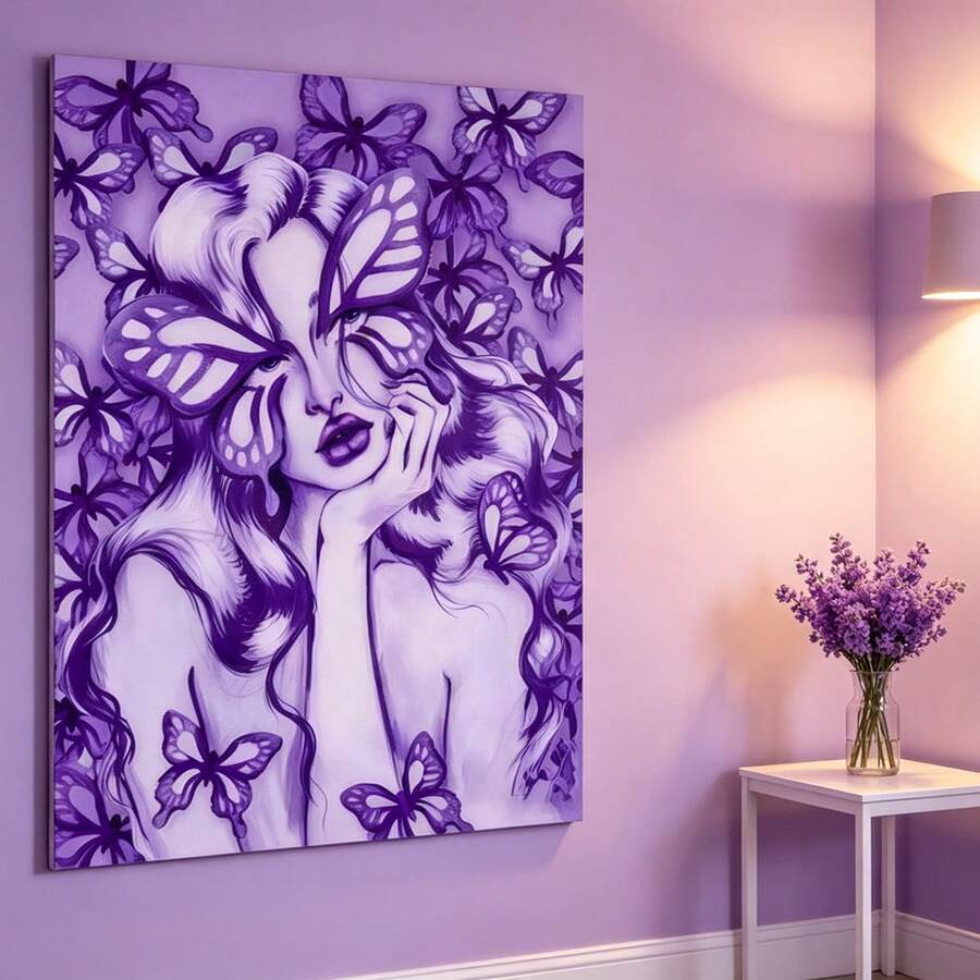1 buah Lukisan Kanvas Potret Wanita Kupu-kupu Ungu Modern untuk Dinding, Cocok untuk Kamar Tidur, Ruang Tamu, Kantor, Tidak Termasuk Bingkai - Purple - View 1