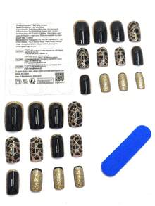 24Pcs Black Leopard Pattern Gold Square Nails + Jelly Gel + Nail File Set Press On Nails Nail Supplies Nails - 咖啡棕 - 查看 4