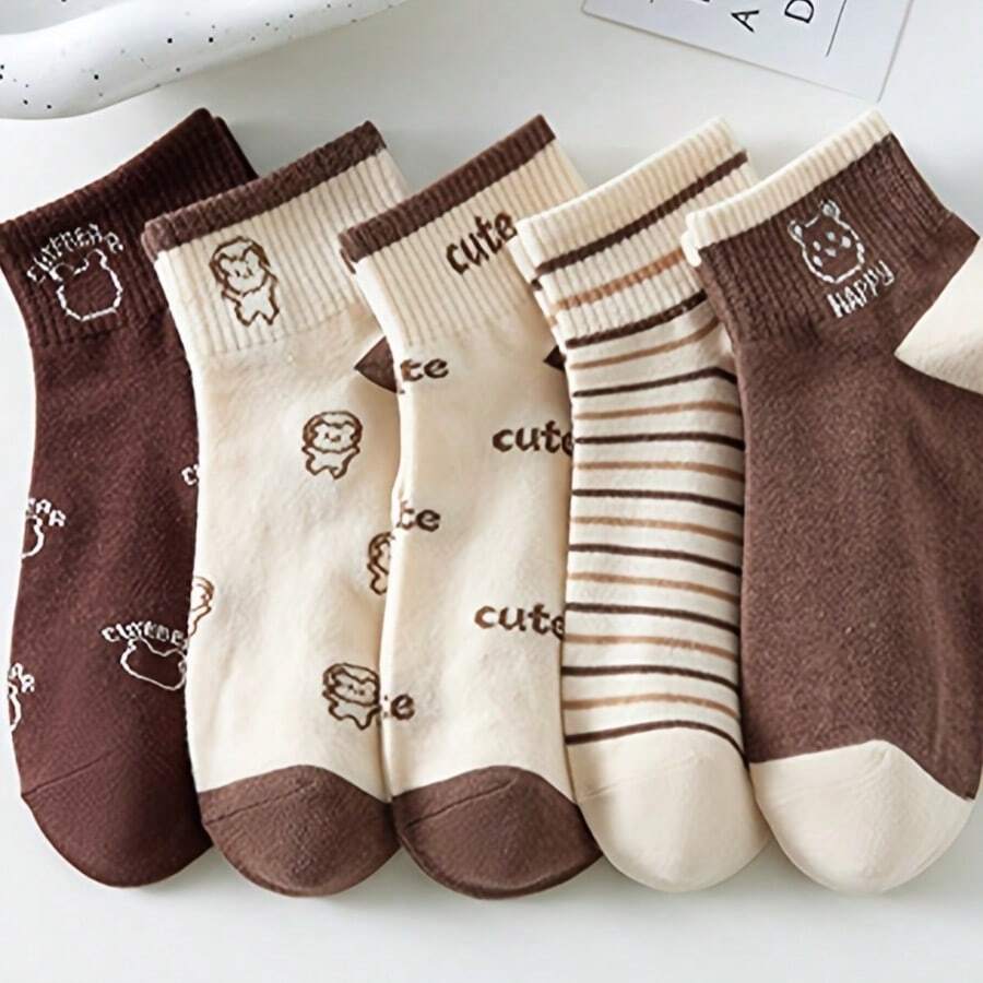 1/3/5/10 Pairs Brown Bear Women's Short Socks - Multicolor - View 1