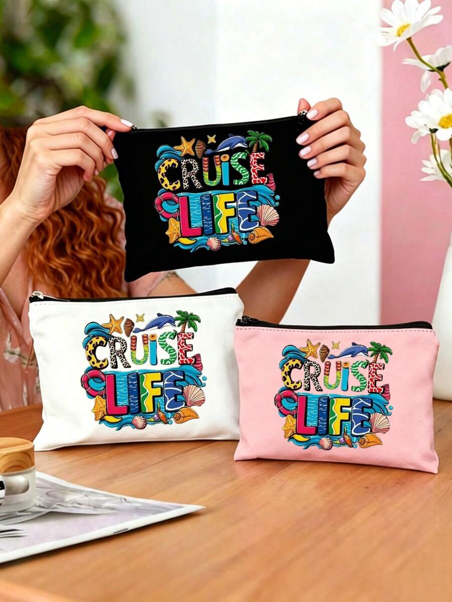 Ensemble de sac fourre-tout en jute imprimé Cruise Life, comprend un sac cosmétique assorti - Sac fourre-tout grande capacité décoré d'éléments océaniques colorés (dauphins, étoiles de mer, coquillages, palmiers), accessoire de mode indispensable pour la plage et les voyages en croisière, sac de courses réutilisable et sac cosmétique, convient pour les vacances, l'usage quotidien, cadeau idéal pour les passionnés de voyage et Noël, rentrée scolaire - Multicolore - Voir 1